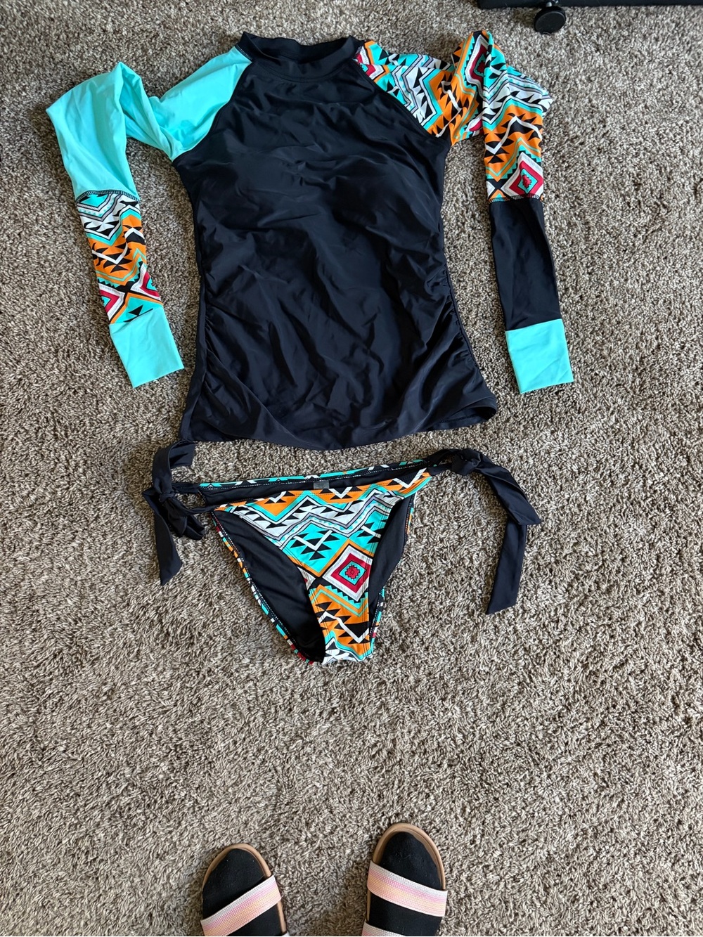Amazon Black Rash Guard Bikini Set with Teal and Multicolor Geometric Accents
